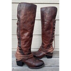 Freebird Coal Women's 8 Tall Leather Knee High Boots Lace Up Back - Brown